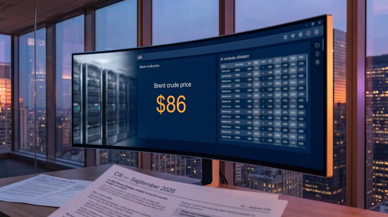 Citi market risks analysis: financial monitor showing $86 Brent forecast alongside AI compute metrics at dusk
