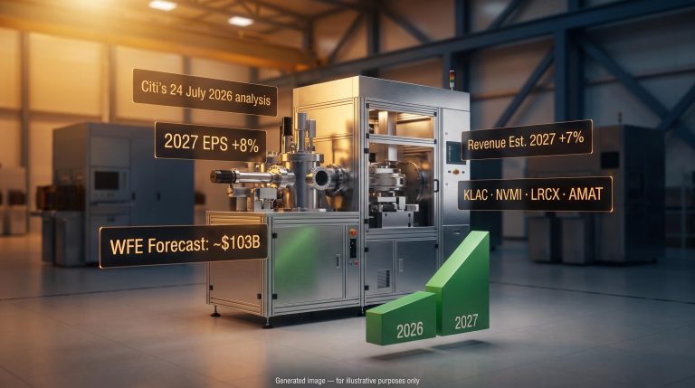 Semiconductor capital equipment machine with Citi's WFE $103B forecast and KLAC NVMI LRCX AMAT data panels
