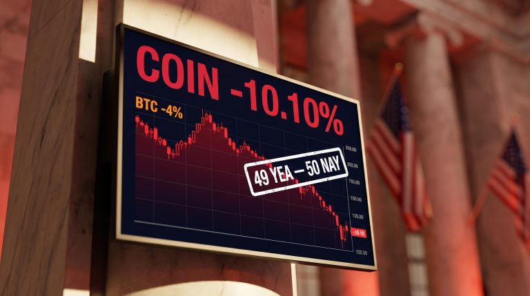 COIN ticker screen showing -10.10% freefall as 49-50 Senate vote kills the CLARITY Act crypto legislation
