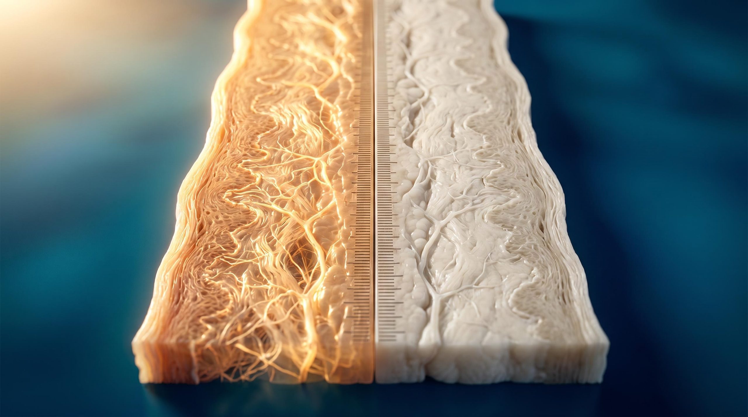 Surreal macro cross-section of split-scar trial tissue, showing treatment and control halves in clinical trial design