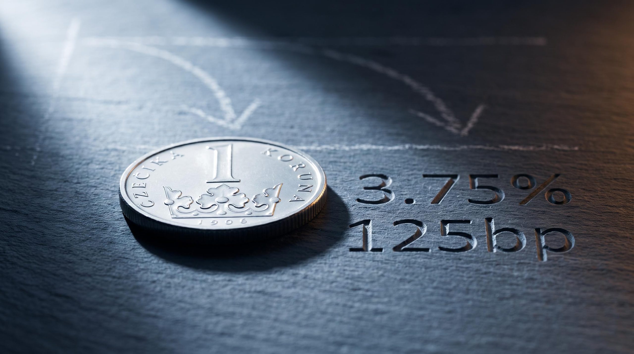 Czech koruna coin on slate with CNB interest rate decision figures 3.75% and 125bp engraved beside it