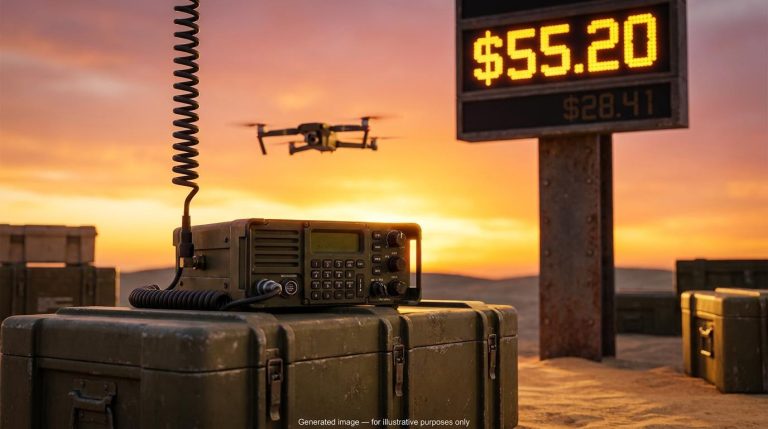 Tactical radio and drone at sunset beside a price board, illustrating the Codan share price versus Morningstar fair value