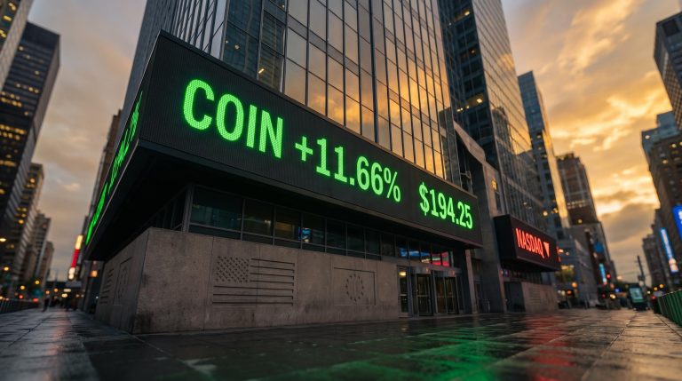 COIN stock ticker showing +11.66% gain on exchange building facade as Nasdaq trades lower