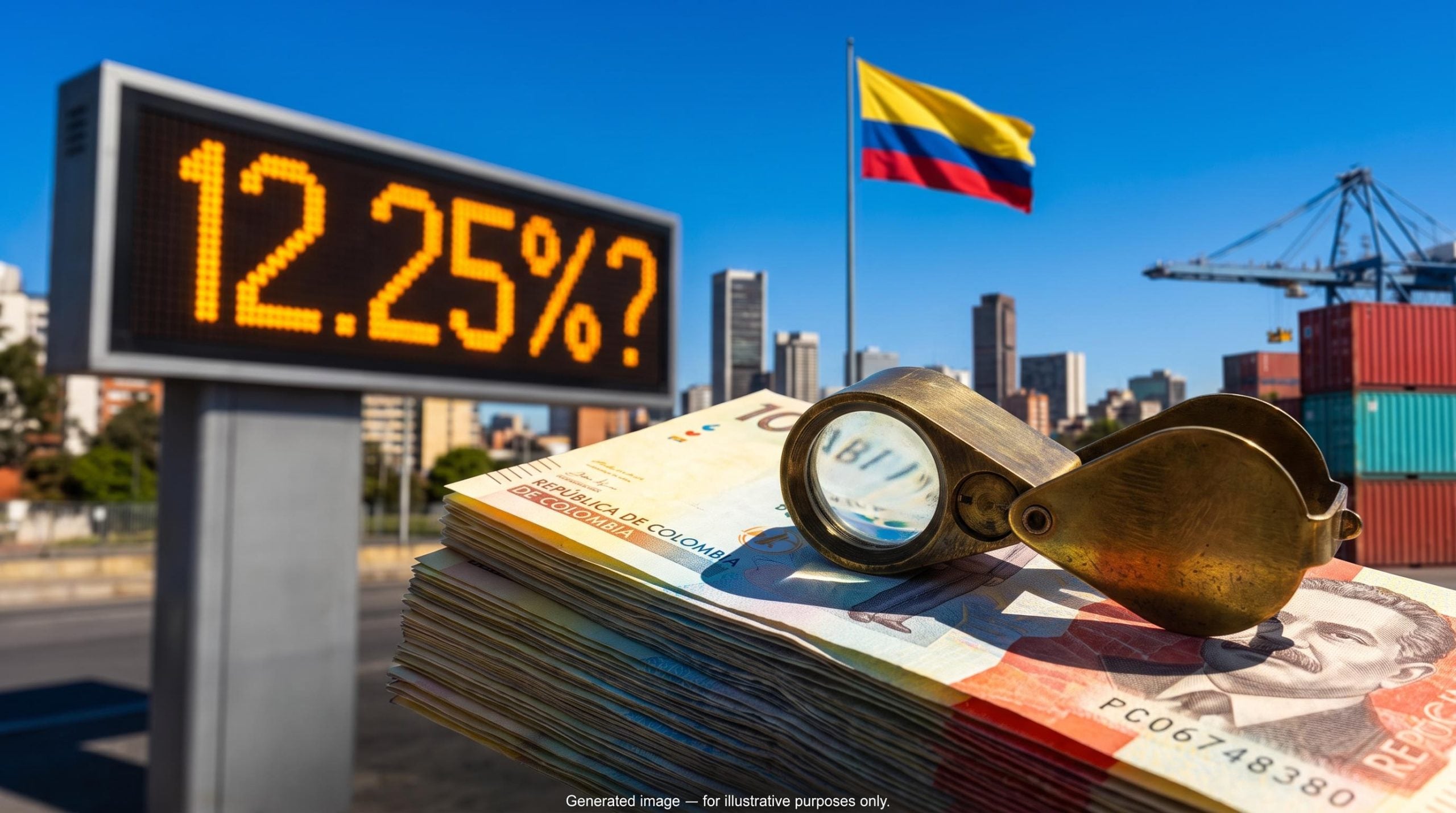 Colombian peso notes under a magnifying loupe with a 12.25% rate display, ahead of the Colombia central bank rate decision