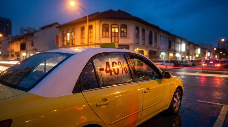 Empty ComfortDelGro taxi on wet Singapore street with -46% taxi EBIT decline as ride-hailing traffic blurs past