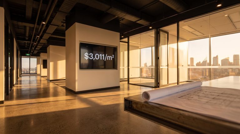 Sydney CBD commercial fitout corridor with $3,011/m² benchmark displayed, representing east coast fitout demand