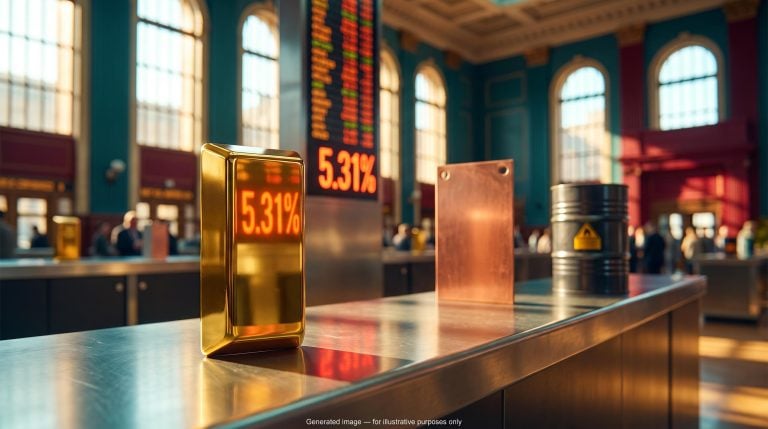 Gold bar beside copper and oil drum before a 5.31% yield board, illustrating commodities vs bond yields