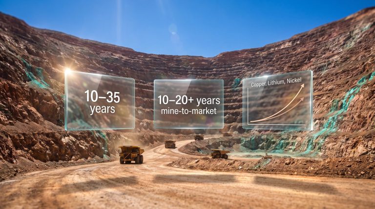 Vast open-pit copper mine with floating data panels showing commodity supercycle timelines of 10–35 years