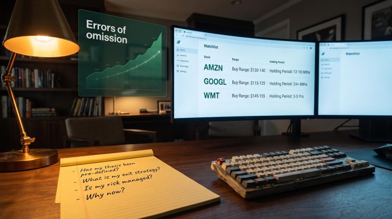 Trading workstation with AMZN, GOOGL, WMT watchlist entries illustrating common investing mistakes of omission