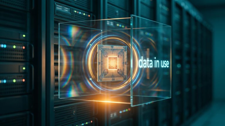 Hardware CPU enclave glowing with protected computation, illustrating confidential computing in finance and healthcare