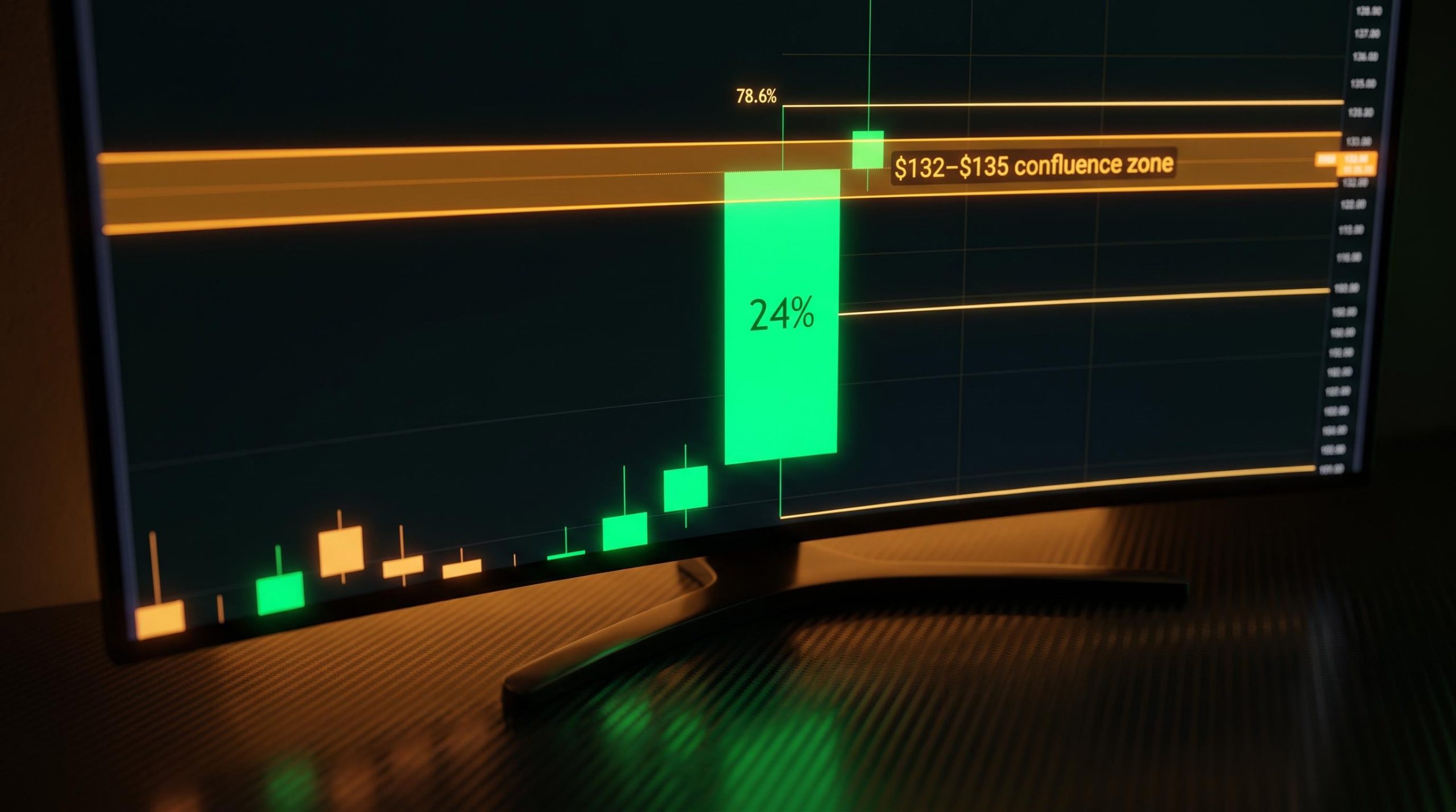 Intel 24% surge chart with Fibonacci 78.6% confluence zone highlighted, illustrating contrarian short selling strategy