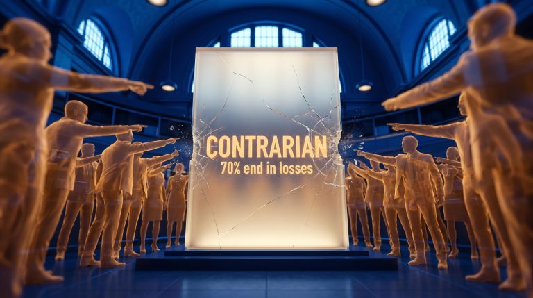 Cracking glass panel labelled CONTRARIAN surrounded by converging crowd — 70% contrarian trades end in losses