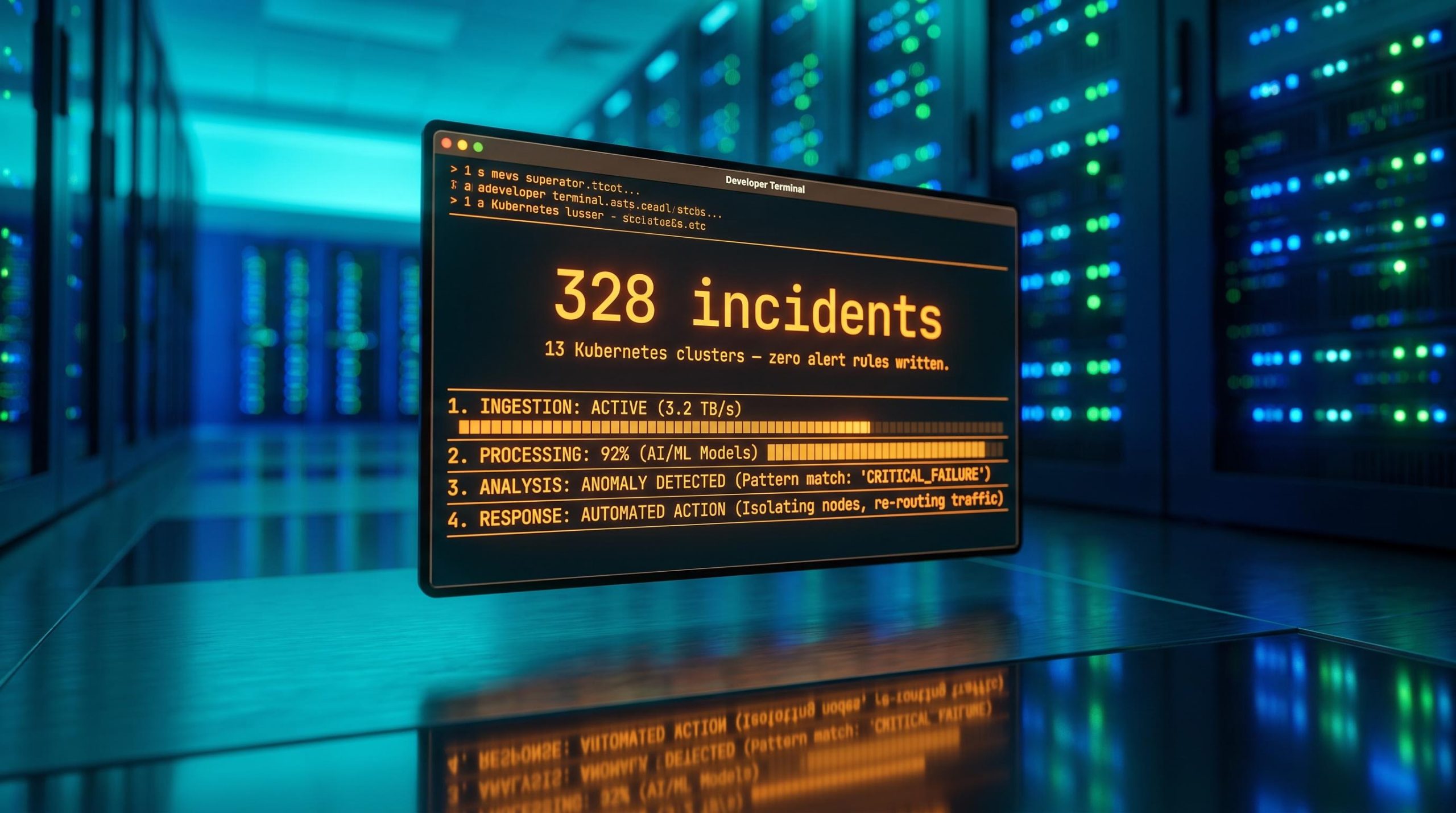 ControlTheory Dstl8 terminal showing 328 incidents resolved across 13 Kubernetes clusters with zero alert rules