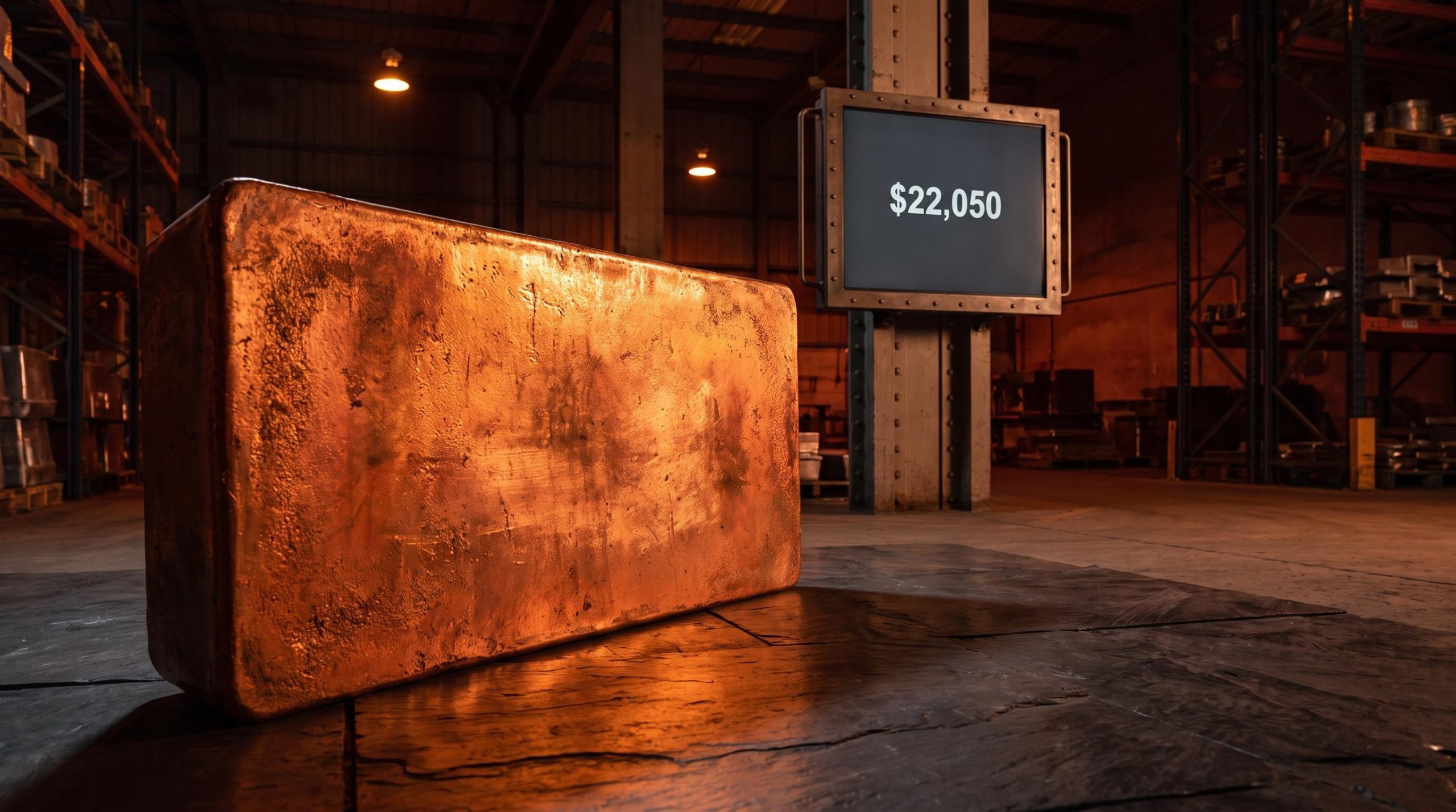 Copper ingot in LME warehouse with Deutsche Bank $22,050 copper price forecast target on industrial display