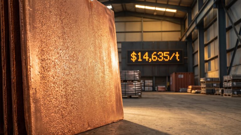 Copper cathode in industrial warehouse with $14,635/t record price — China trade tariff stockpiling analysis