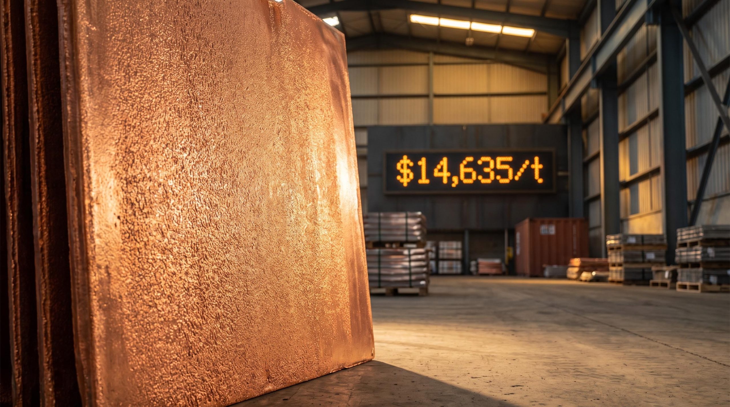 Copper cathode in industrial warehouse with $14,635/t record price — China trade tariff stockpiling analysis