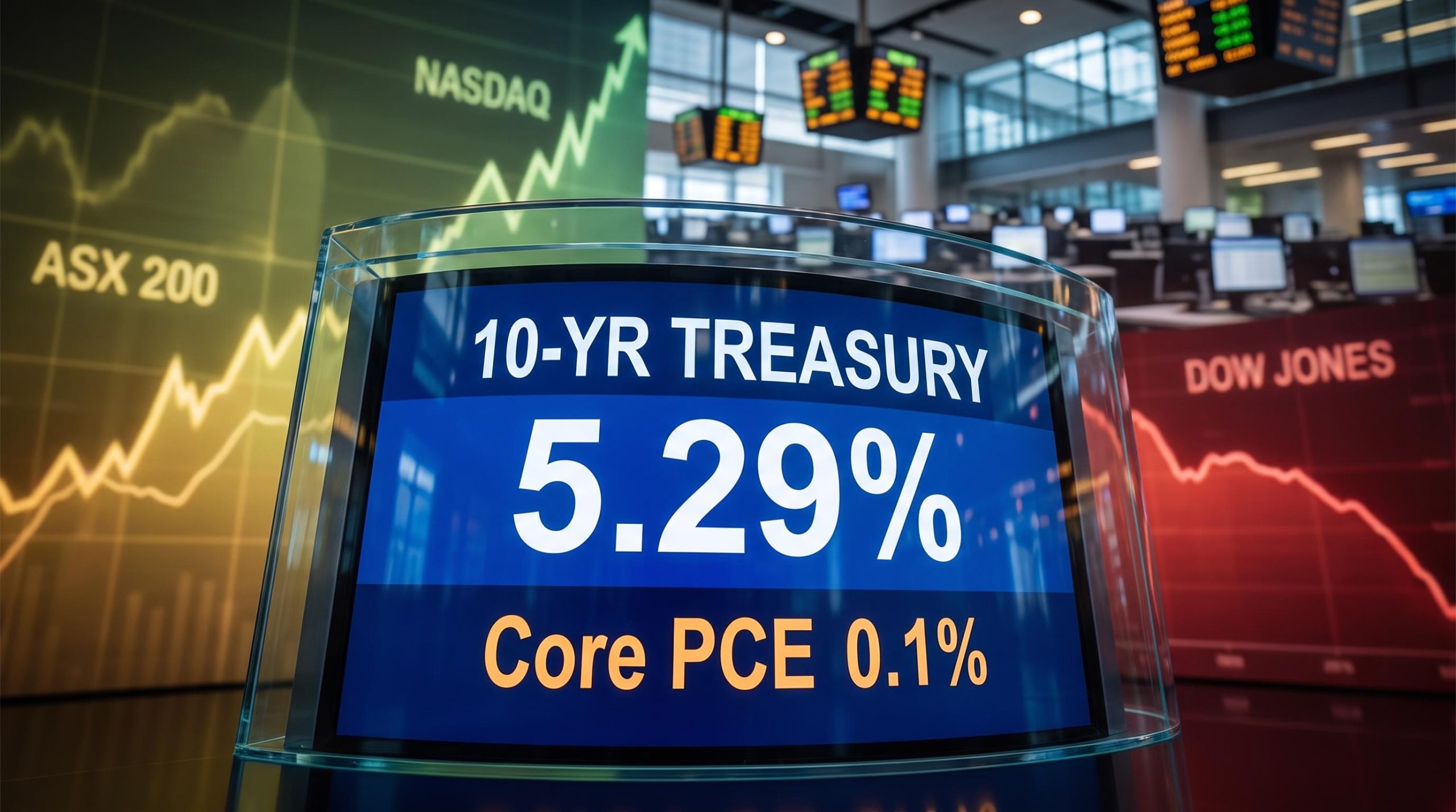 Trading terminal showing 10-yr Treasury at 5.29% amid August 2023 core PCE surprise, illustrating how inflation data moves markets