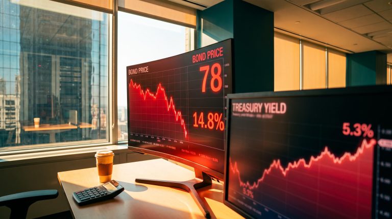 Trading screens showing falling bond price and rising Treasury yield, illustrating CoreWeave debt concerns