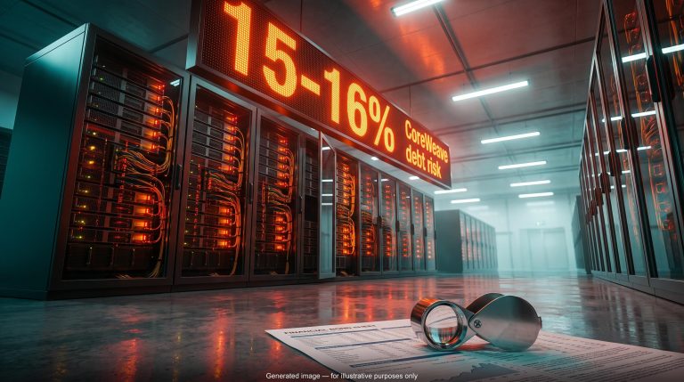 Data-centre GPU racks beneath a glowing 15-16% yield display illustrating CoreWeave debt risk