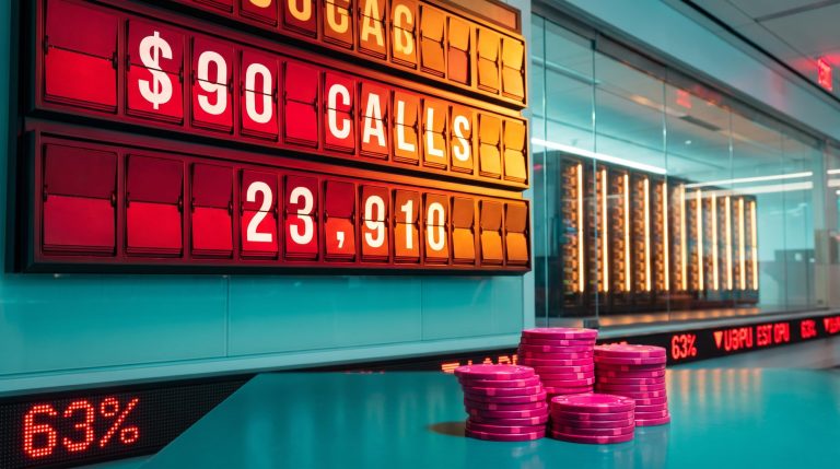 CoreWeave stock options board showing 23,910 $90 calls beside a red 63% default probability ticker in a trading hall