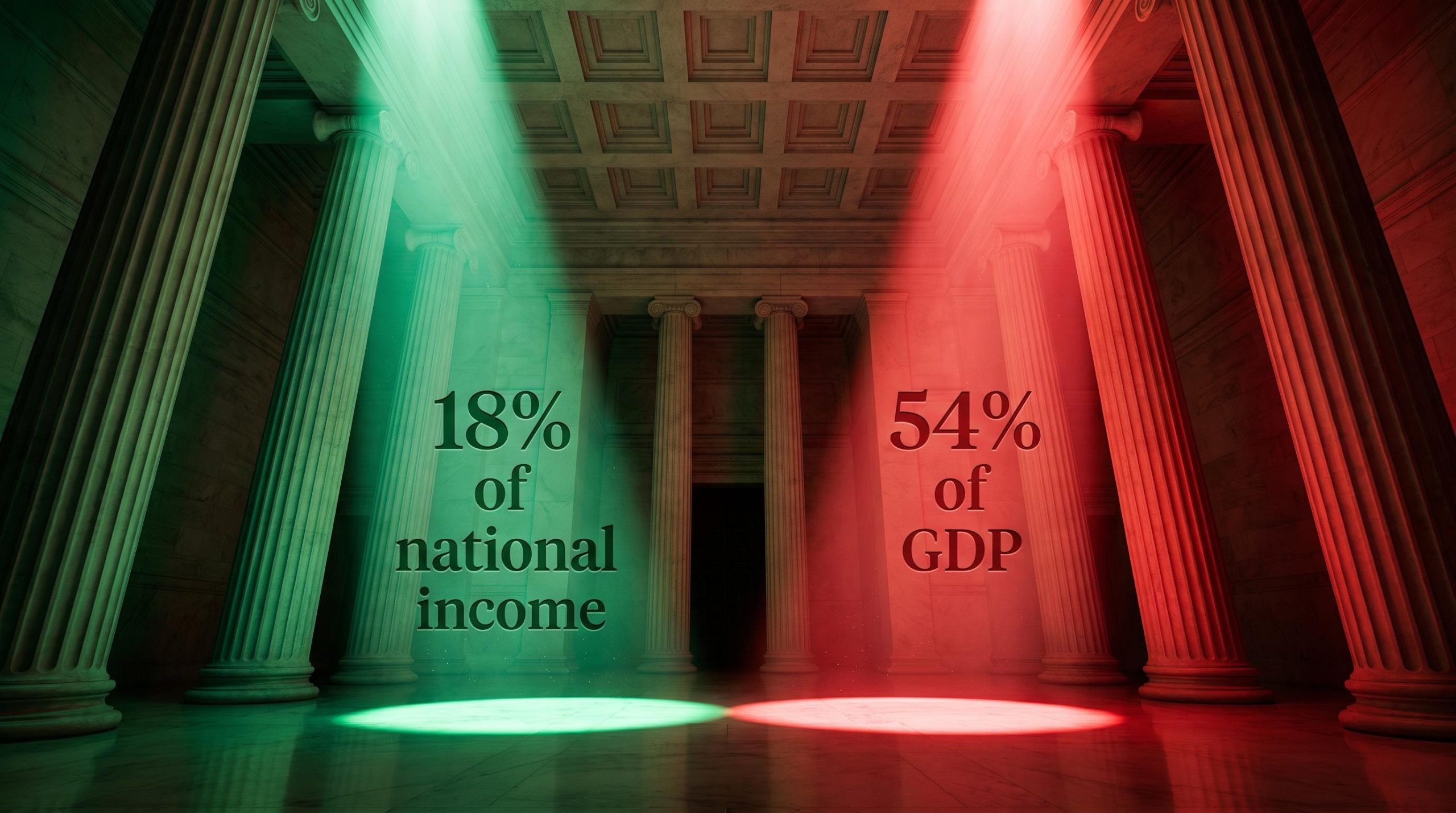 Neoclassical financial hall split by green and red light columns showing corporate profit margins at post-war extremes