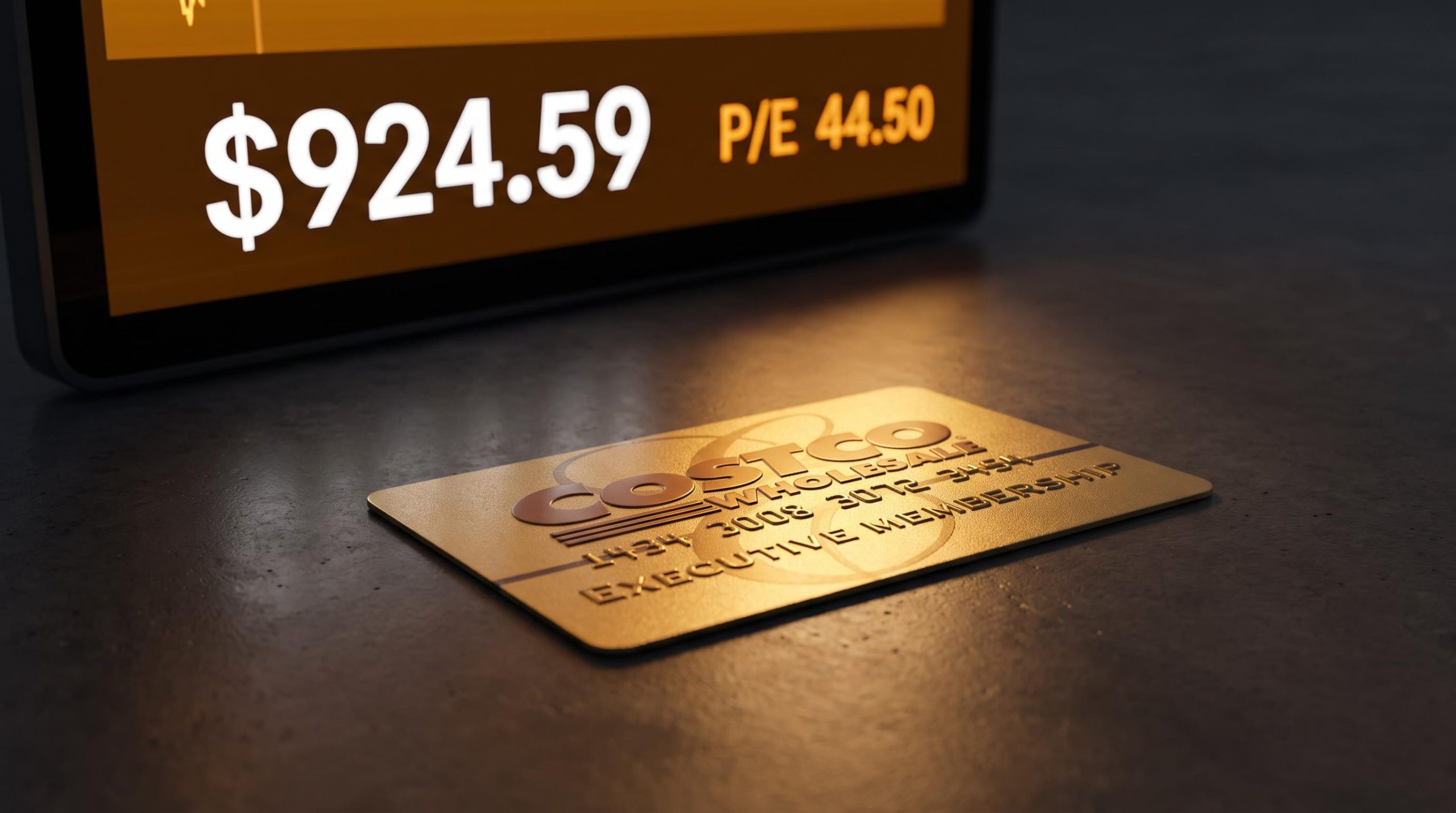 Costco executive membership card close-up with P/E 44.50 on a terminal screen — is Costco stock a buy