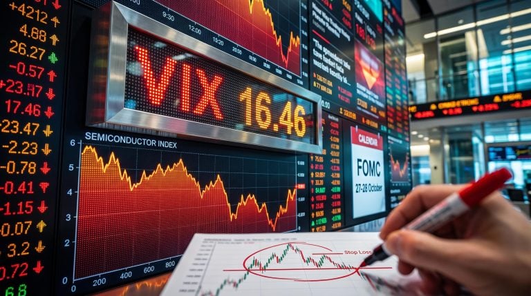 Trading screens showing VIX 16.46 and a chip selloff rebound, illustrating counter-trend bounce trading before the FOMC