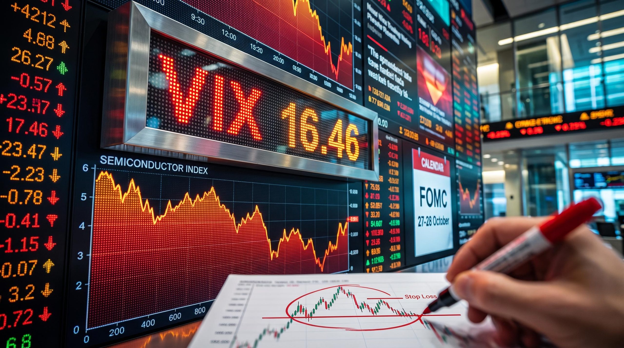 Trading screens showing VIX 16.46 and a chip selloff rebound, illustrating counter-trend bounce trading before the FOMC