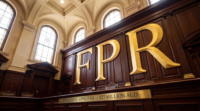 Courtroom interior with settlement sign