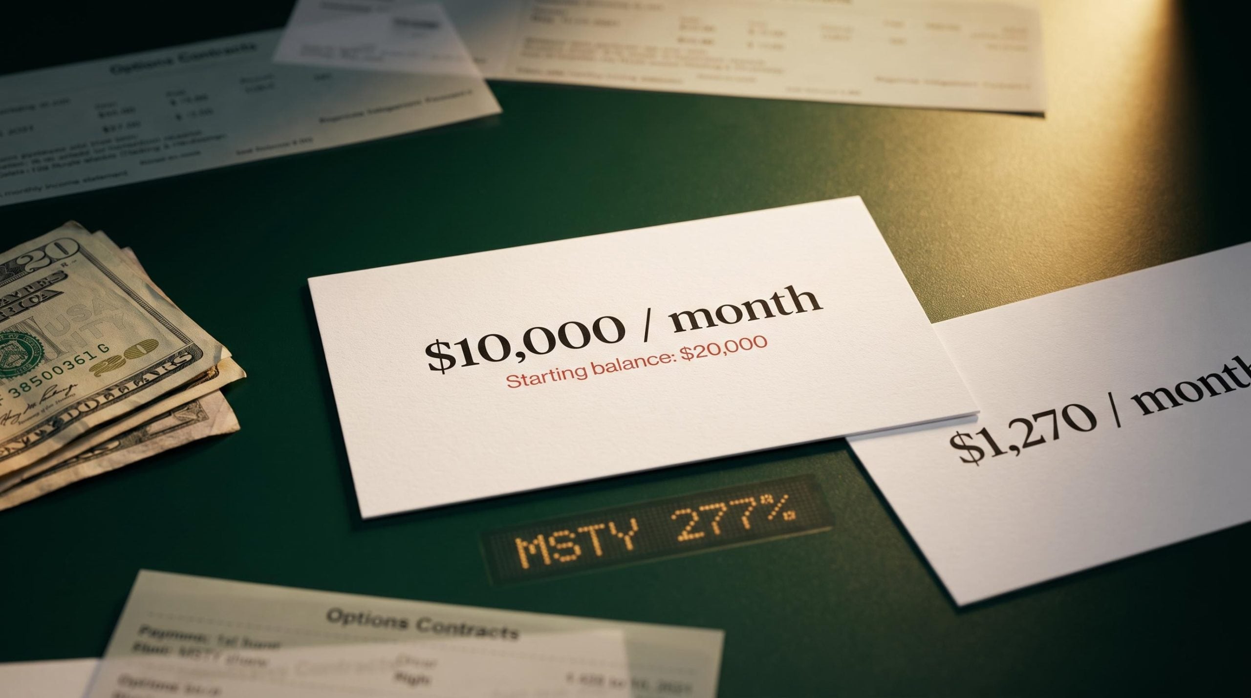 Covered call ETF monthly income contrast: $10,000 vs $1,270 on $100,000 with MSTY 277% yield shown