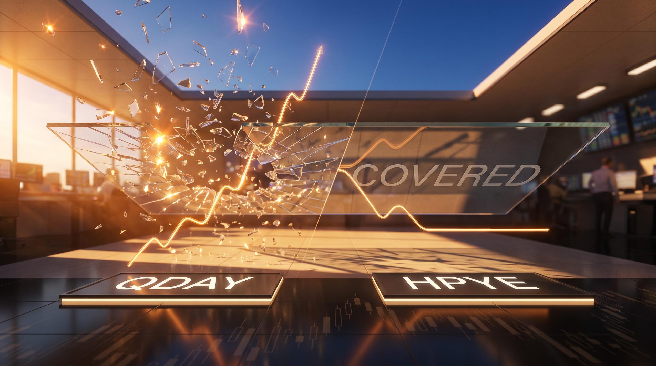 QDAY and HPYE covered call ETF structures visualised as a glass ceiling — one shattered open, one intact