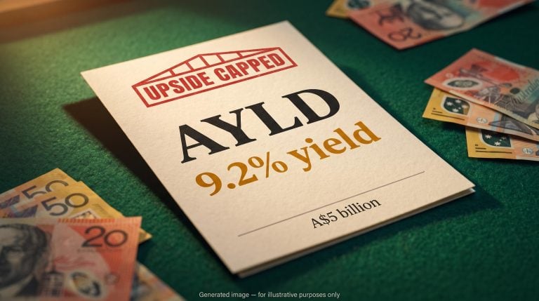 AYLD option contract ticket showing 9.2% yield with A$5 billion in covered call ETF assets across ASX strategies