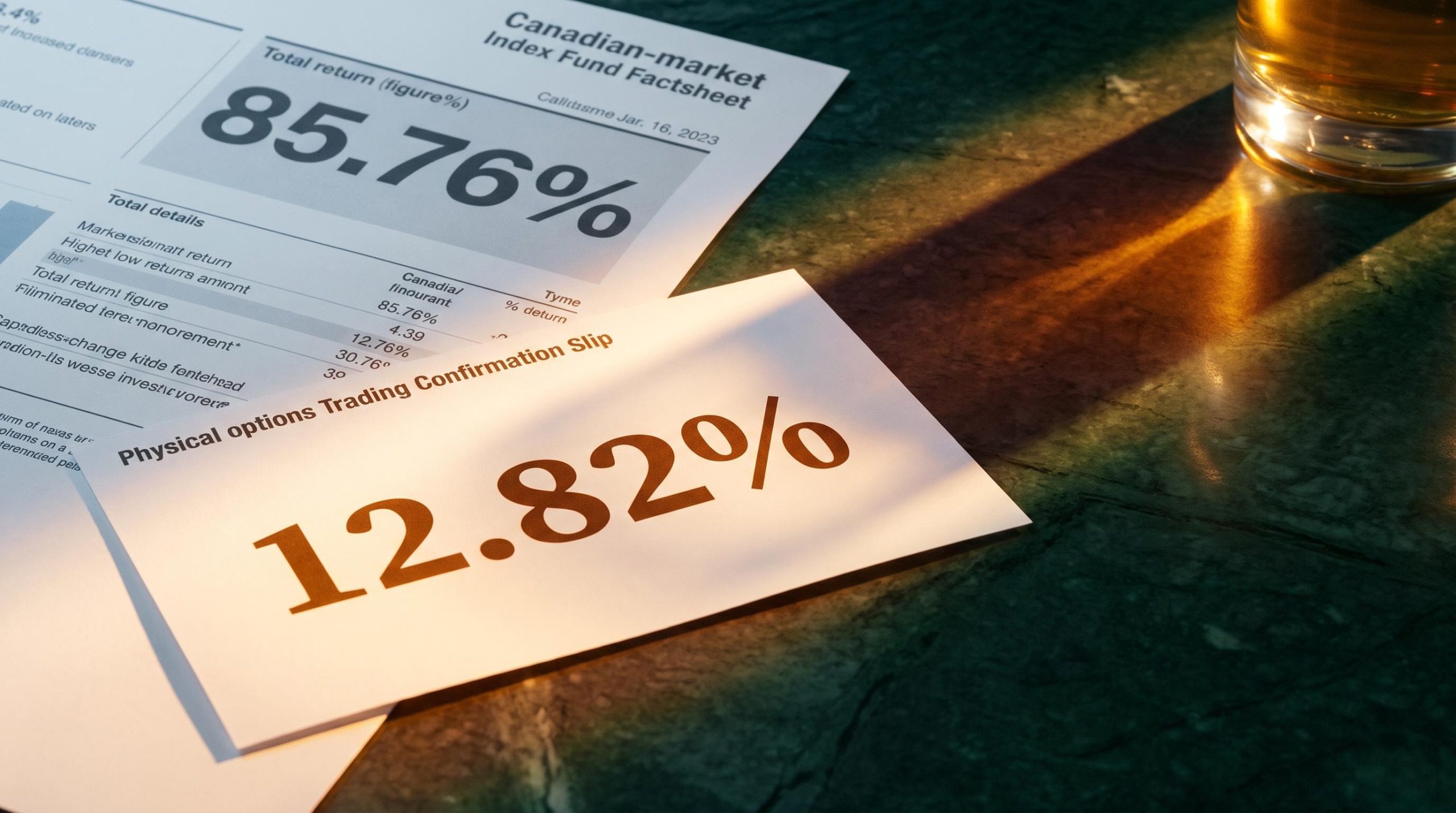 Covered call ETF yield slip showing 12.82% beside an index fund return sheet on green marble