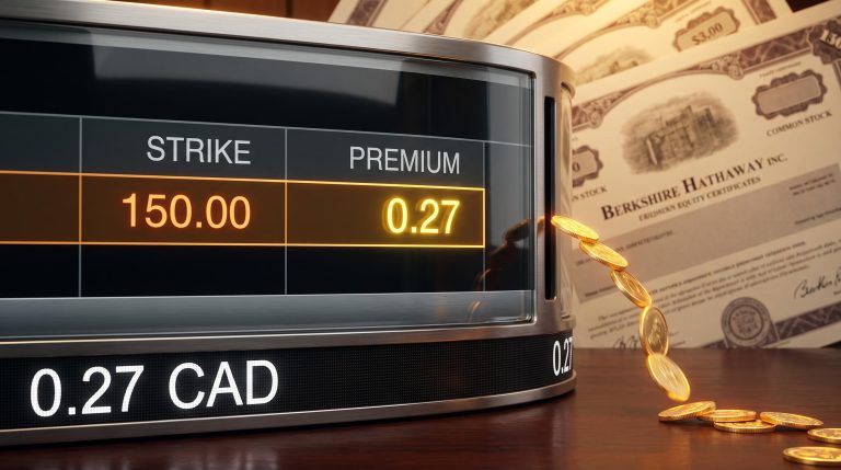 Options chain terminal with "0.27 CAD" premium strip illustrating covered call writing strategy mechanics
