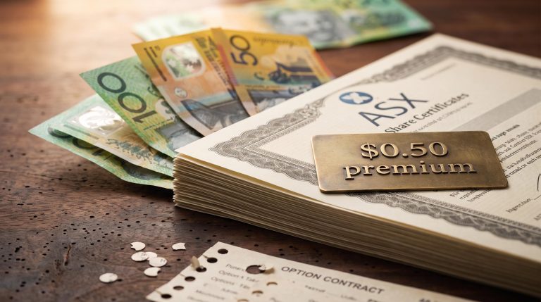 ASX share certificates with Australian banknotes fanning beneath them, illustrating covered calls and cash-covered puts premium income