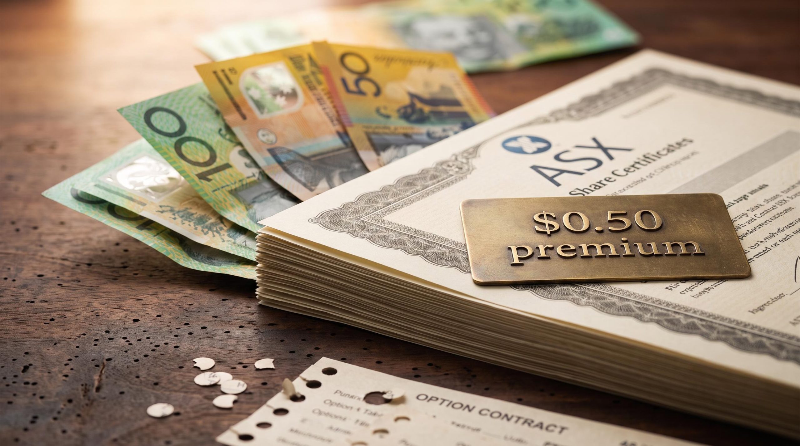 ASX share certificates with Australian banknotes fanning beneath them, illustrating covered calls and cash-covered puts premium income