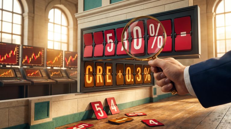 Split-flap board showing 5.30% yield and core CPI +0.3% under a magnifying lens, illustrating the CPI market reaction
