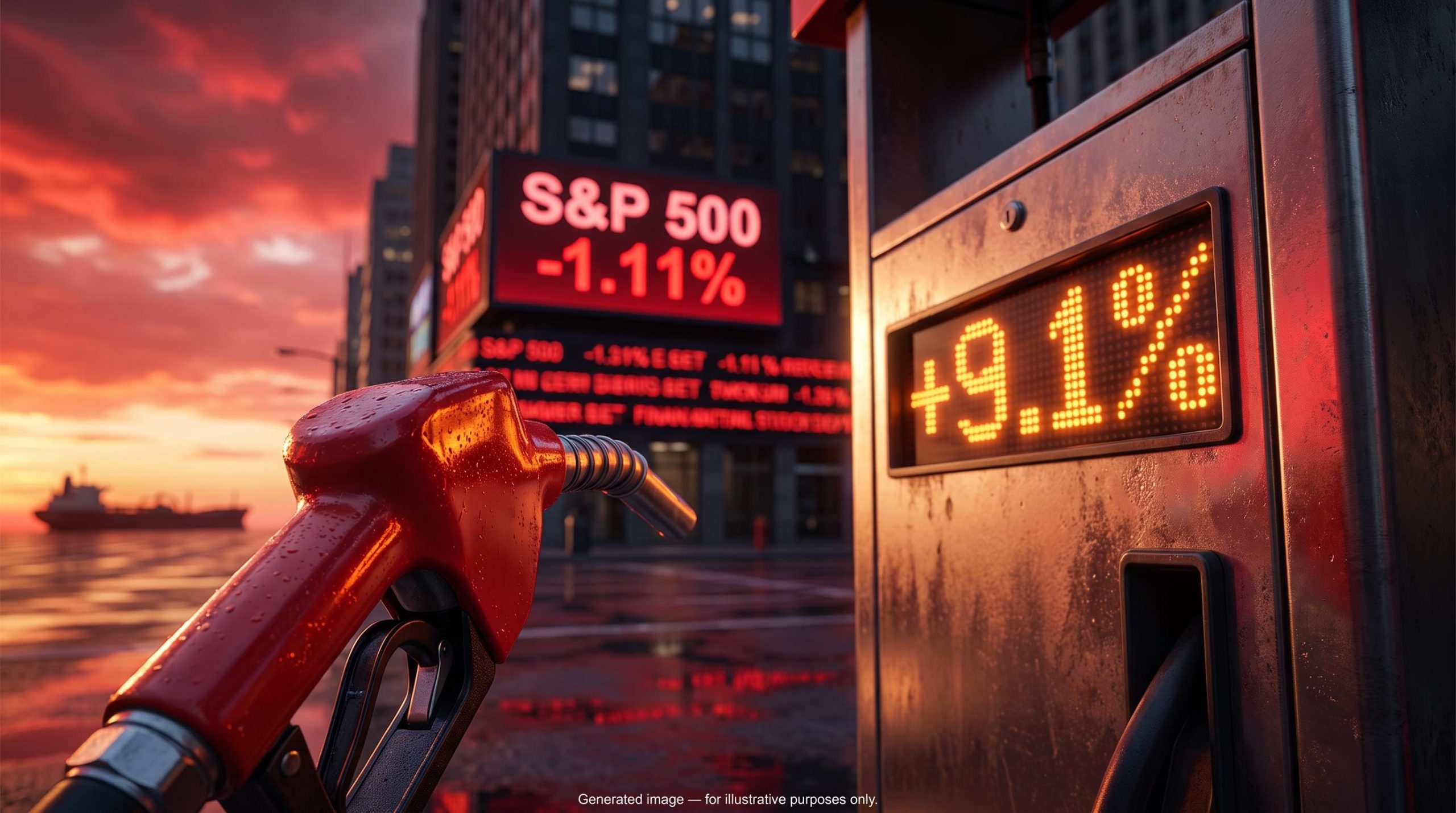 Gas pump showing +9.1% beside a red S&P 500 -1.11% ticker as the hot CPI report hits stocks