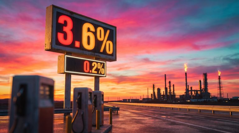 Roadside fuel price sign showing 3.6% against a small 0.2% at sunset, illustrating CPI week inflation headline versus core