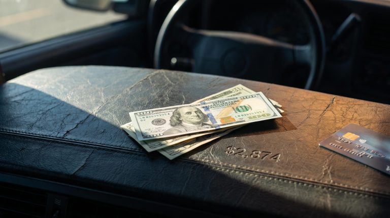 Cash on a car dashboard representing $2,874 annual cost of credit card and auto loan debt interest