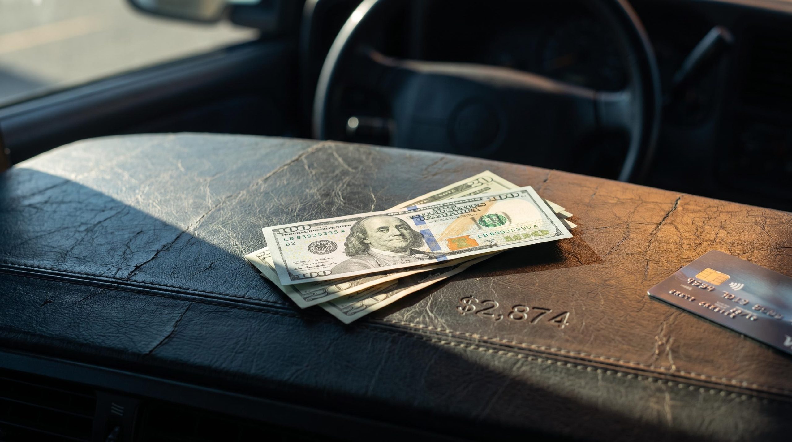 Cash on a car dashboard representing $2,874 annual cost of credit card and auto loan debt interest