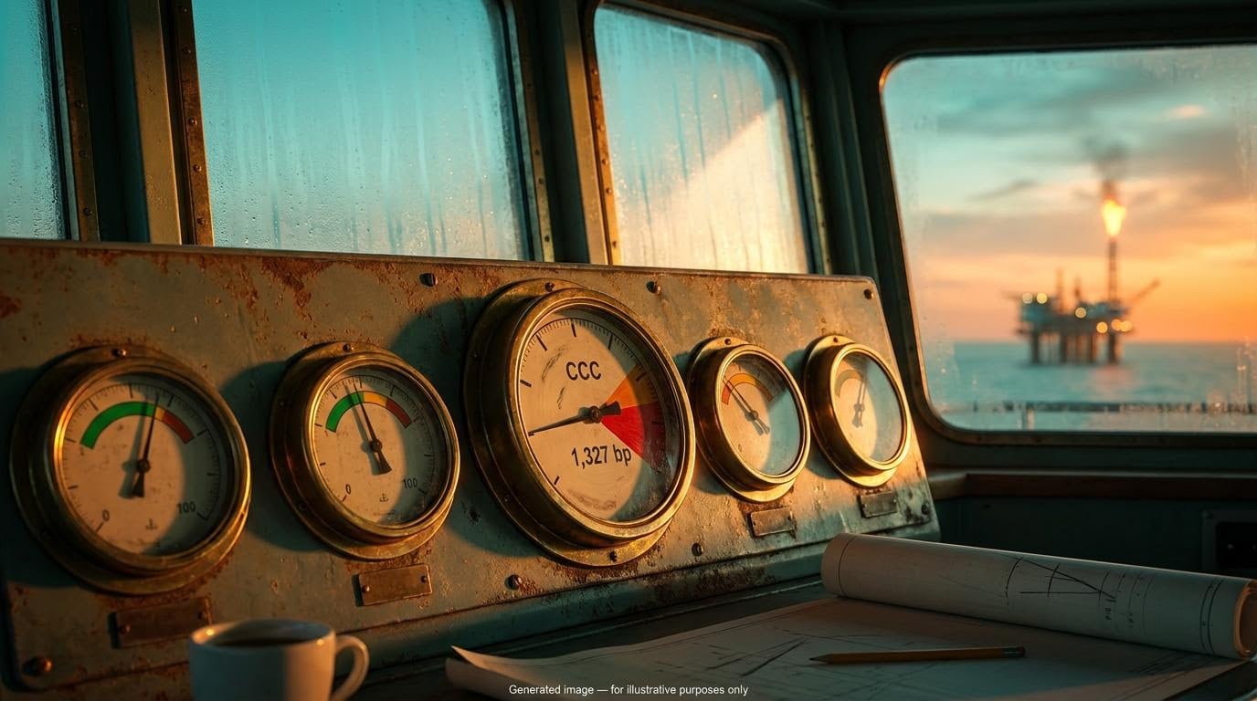 Analogue gauges with conflicting needles and a CCC 1,327 bp dial illustrate how cross-asset signals are weighed