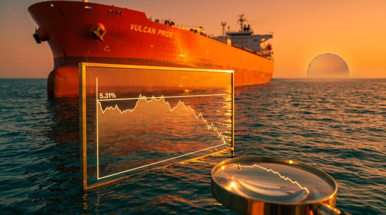 Oil tanker at sunset with yield panel showing 5.31% as cross-asset signals diverge from oil-driven inflation