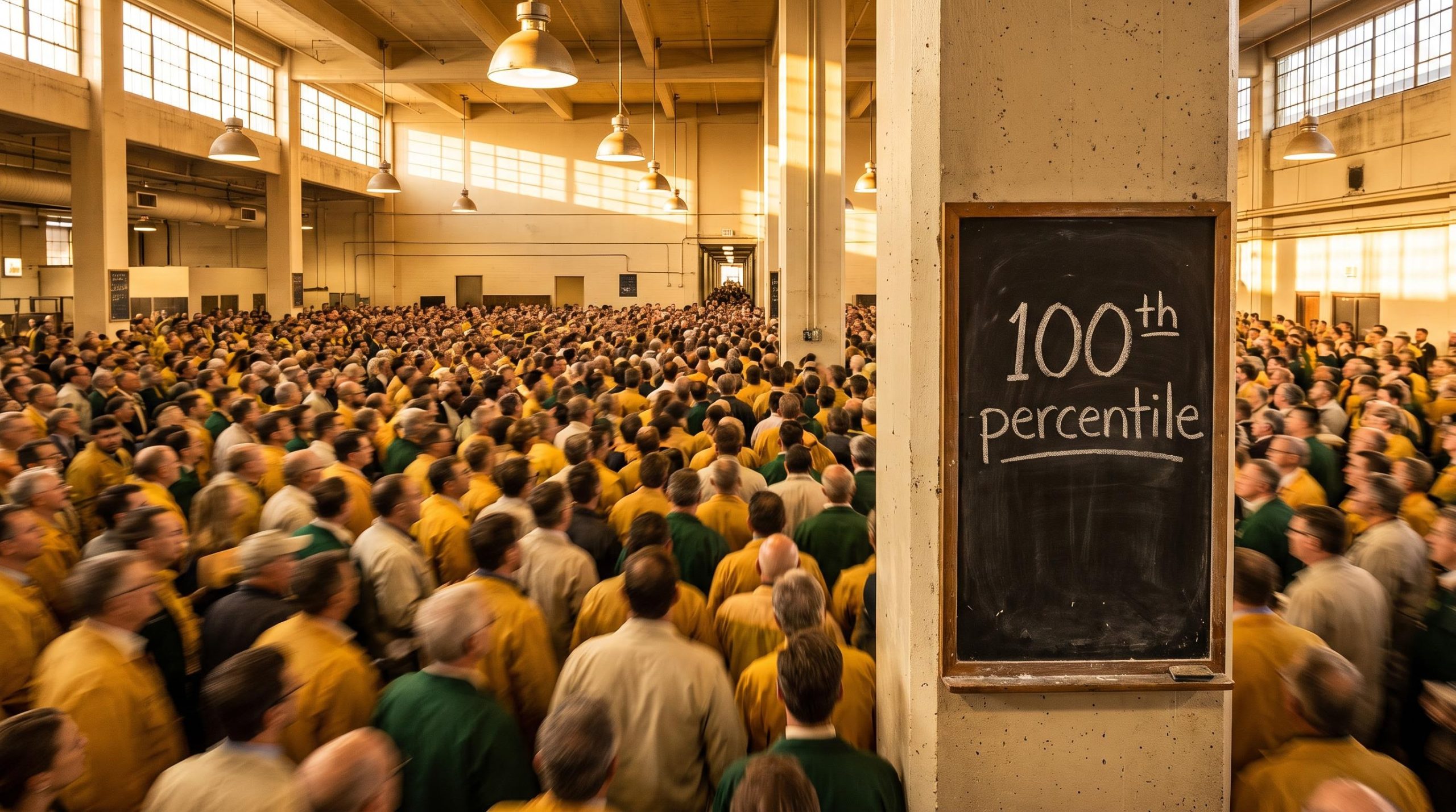 Crowded commodity trades visualised as a packed grain trading pit funnelling toward a single narrow exit, 100th percentile on chalkboard