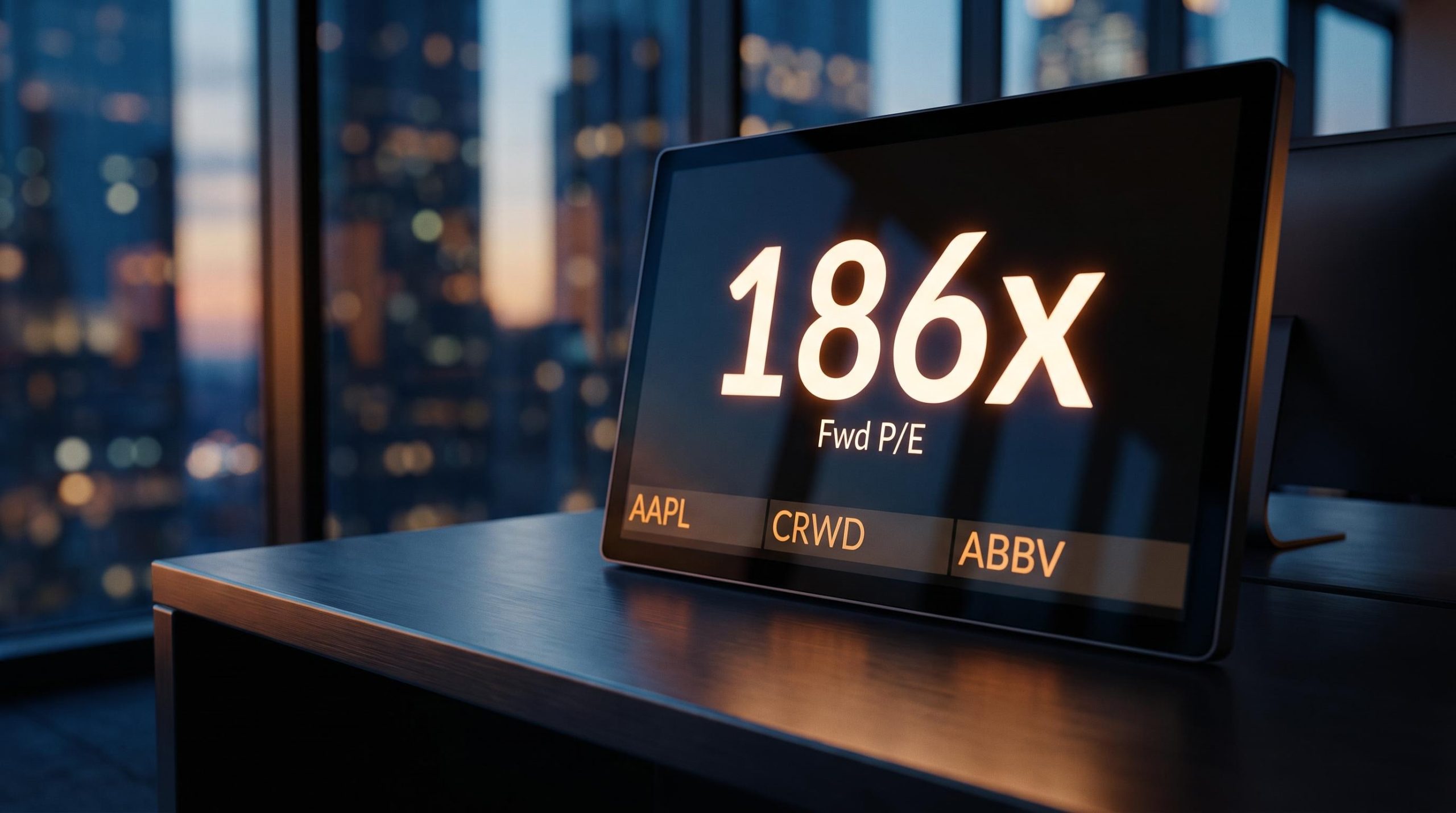 Financial terminal showing "186x" forward P/E amid analysis of high-quality stocks to buy now at stretched valuations