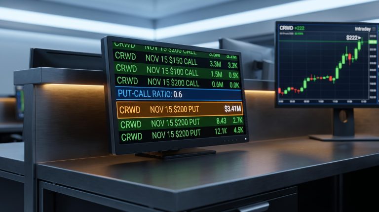 CrowdStrike options terminal showing $3.41M put highlighted against a call-heavy tape with CRWD climbing to $222