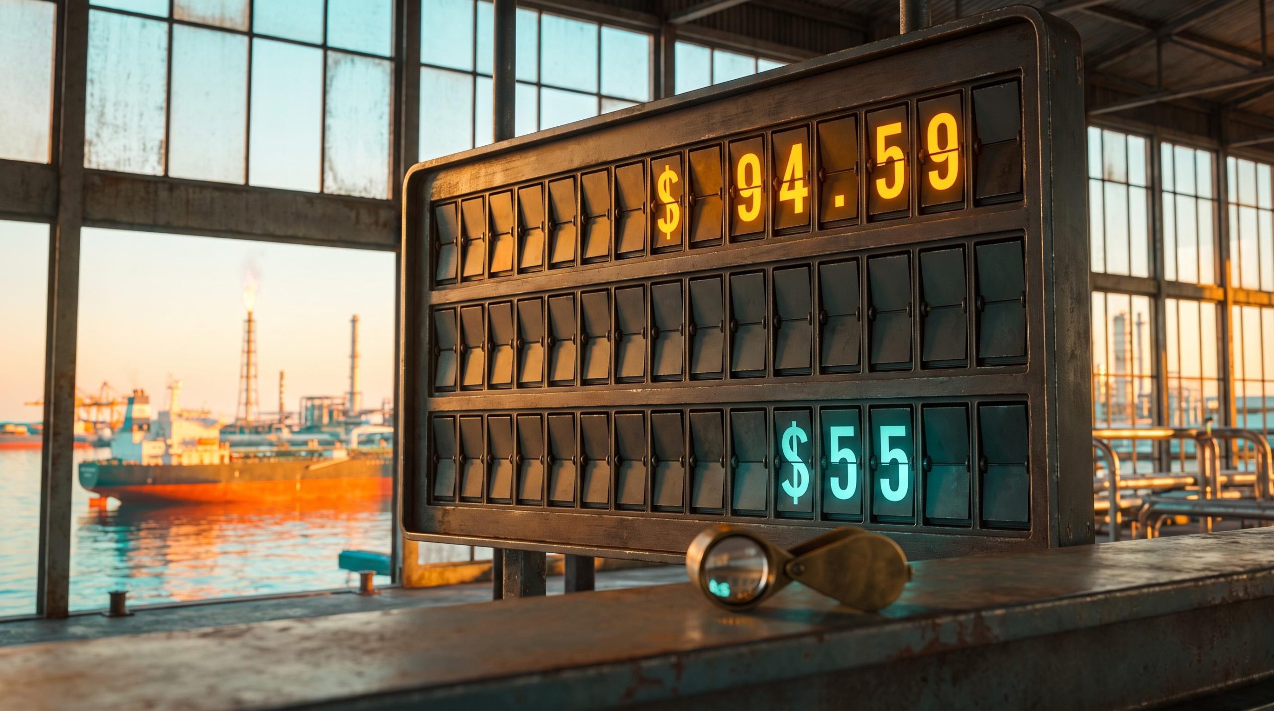 Split-flap price board showing $94.59 falling to $55 at an oil port, illustrating the crude oil bear case
