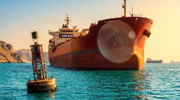 Oil tanker in the Strait of Hormuz with a "$30-$35" price board, testing a bold crude oil forecast