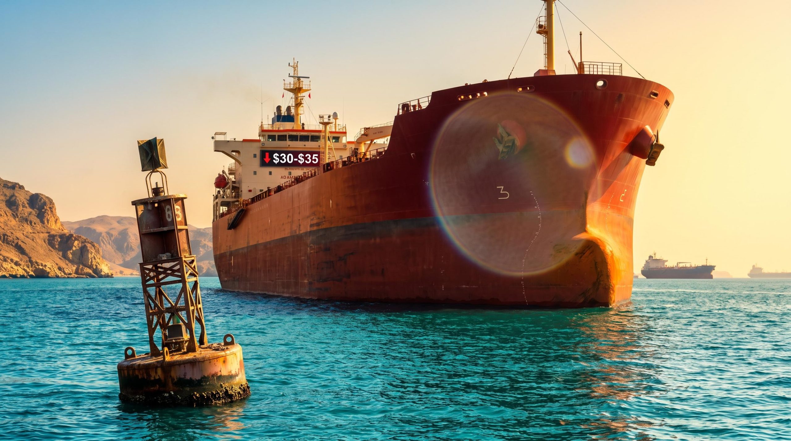 Oil tanker in the Strait of Hormuz with a "$30-$35" price board, testing a bold crude oil forecast