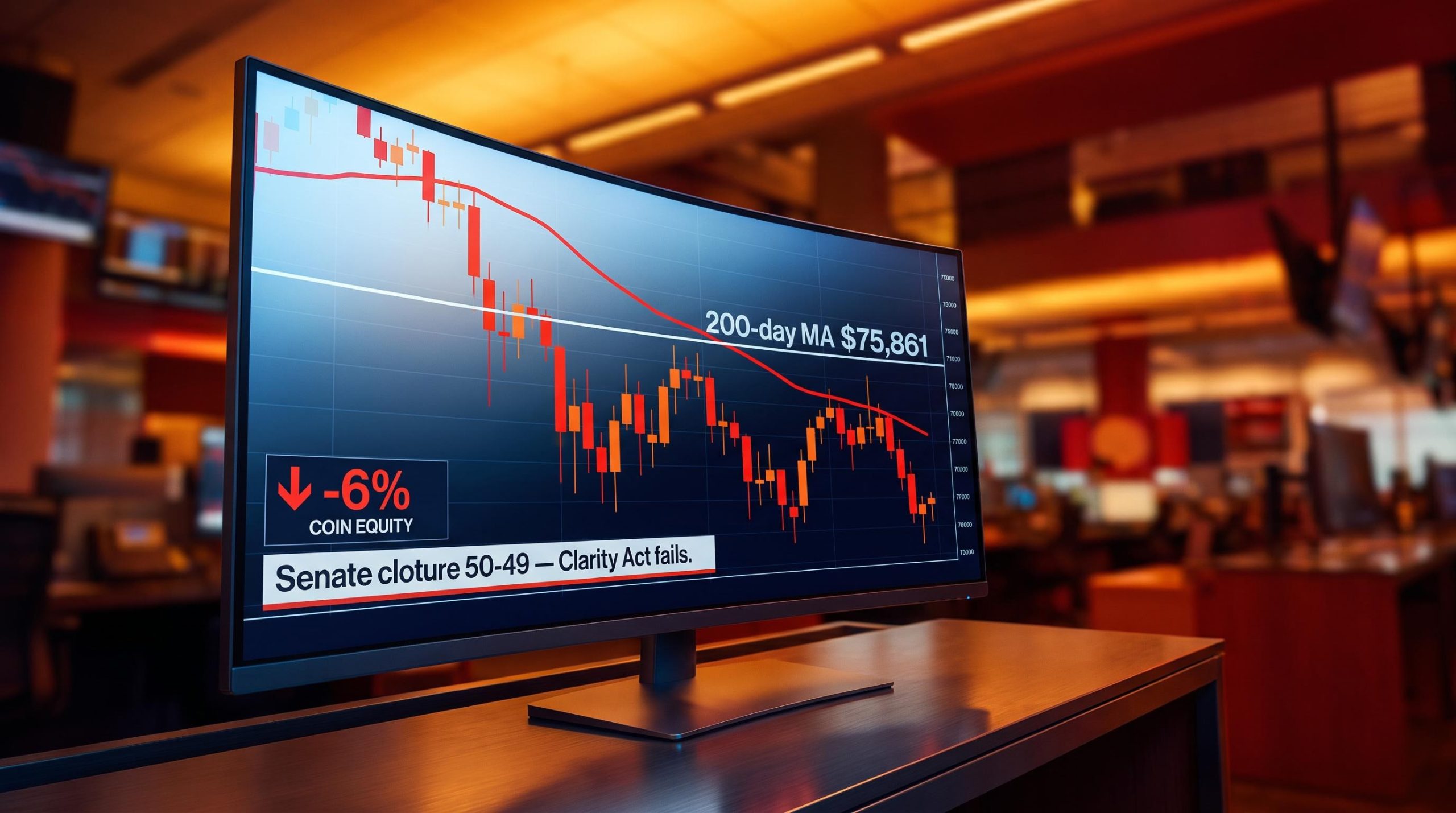 Bitcoin chart breaking below 200-day MA on trading terminal as Clarity Act fails 50-49, signalling crypto AI market risk